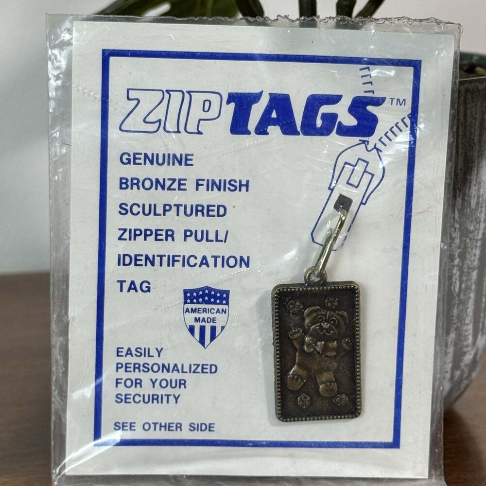 Vintage 1985 ZIPTAGS Teddy Bear Zipper Pull ID Tag New Old Stock Bronze Finish